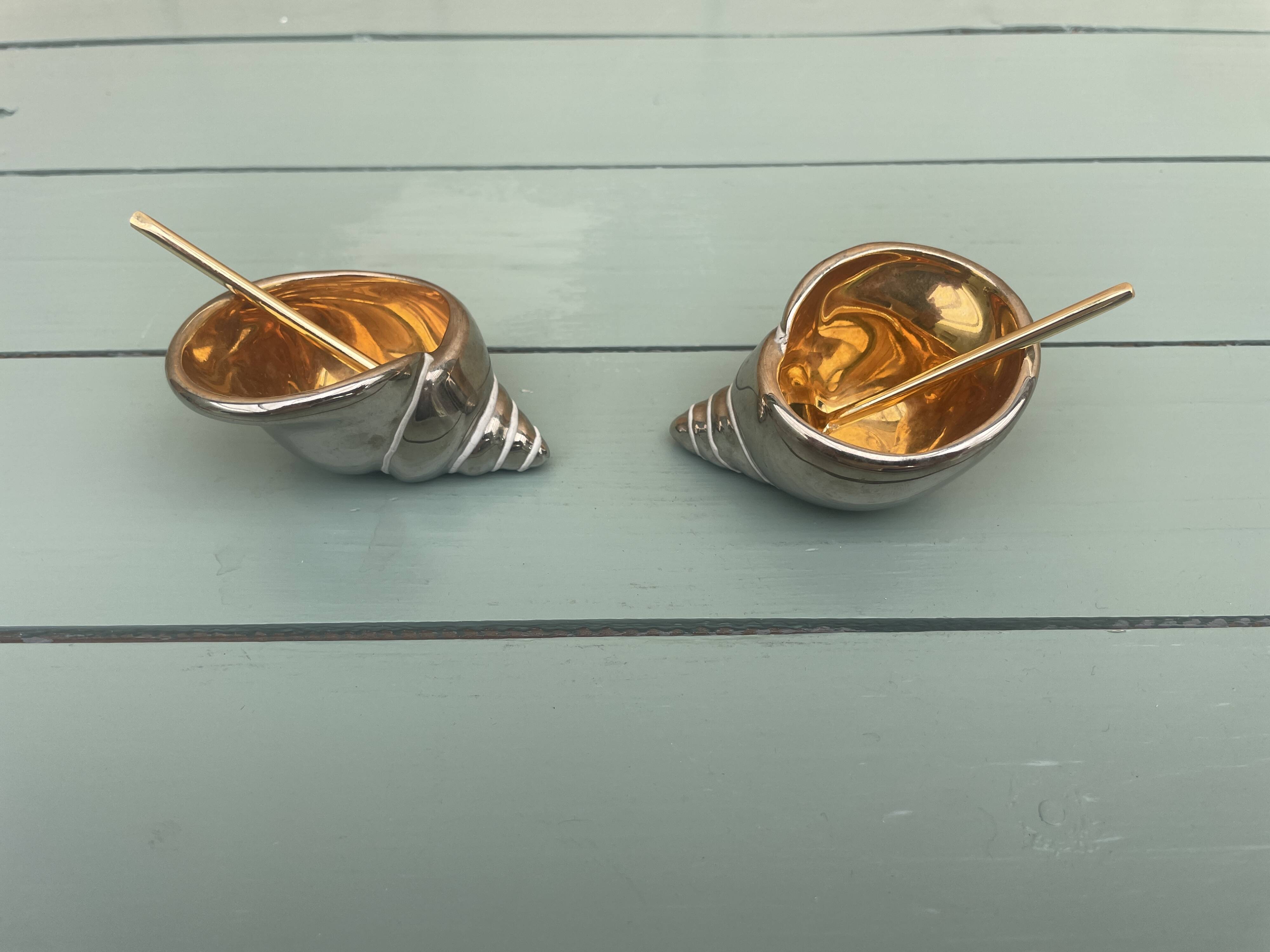 vintage earthenware salt cellars shell decor + golden spoons in box