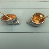 salerons vintage faïence décor coquillage + cuillères dorées en coffret