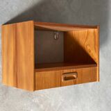 Mid Century pine floating nightstand with drawer, Scandinavian hanging cabinet