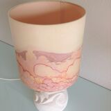 Ovoid lamp in carved stone and printed lampshade / vintage 60-70s