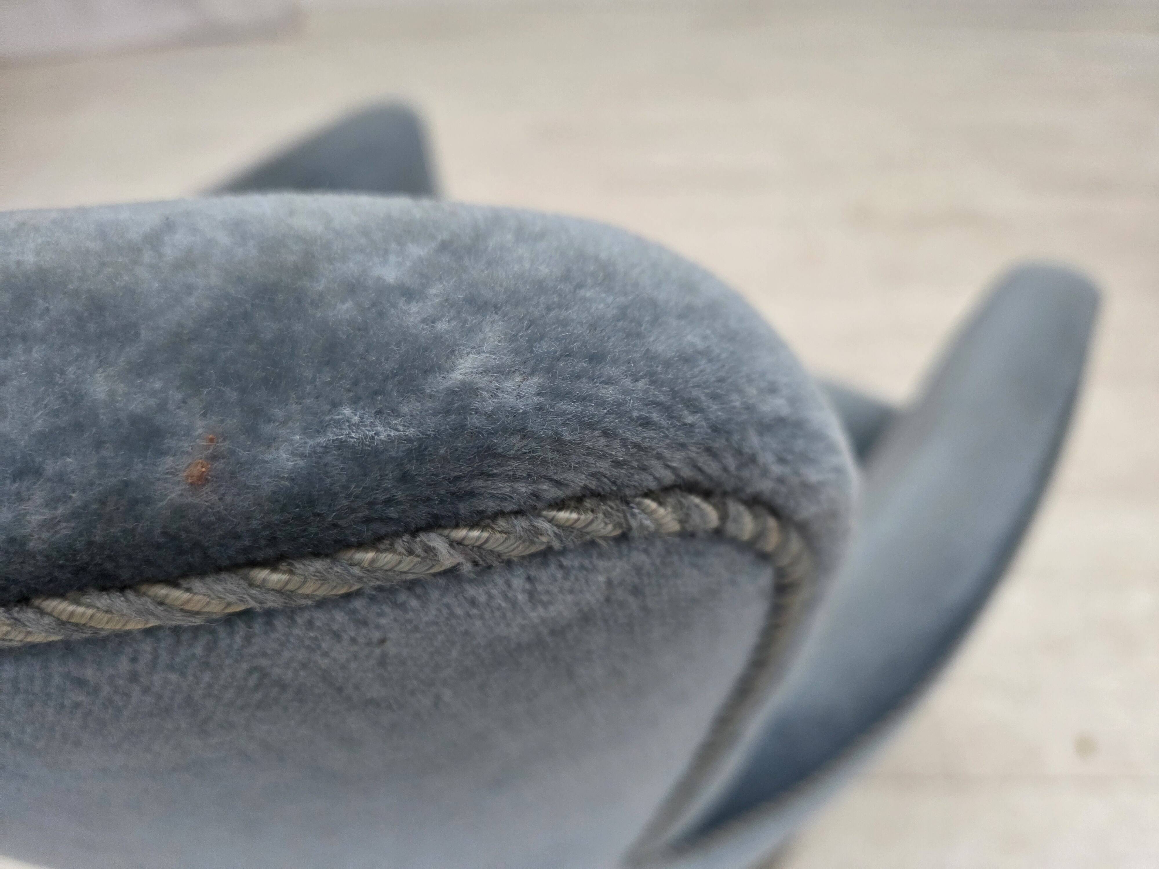 1970s, Danish armchair with footstool, blue furniture velour, oak wood legs