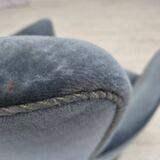 1970s, Danish armchair with footstool, blue furniture velour, oak wood legs
