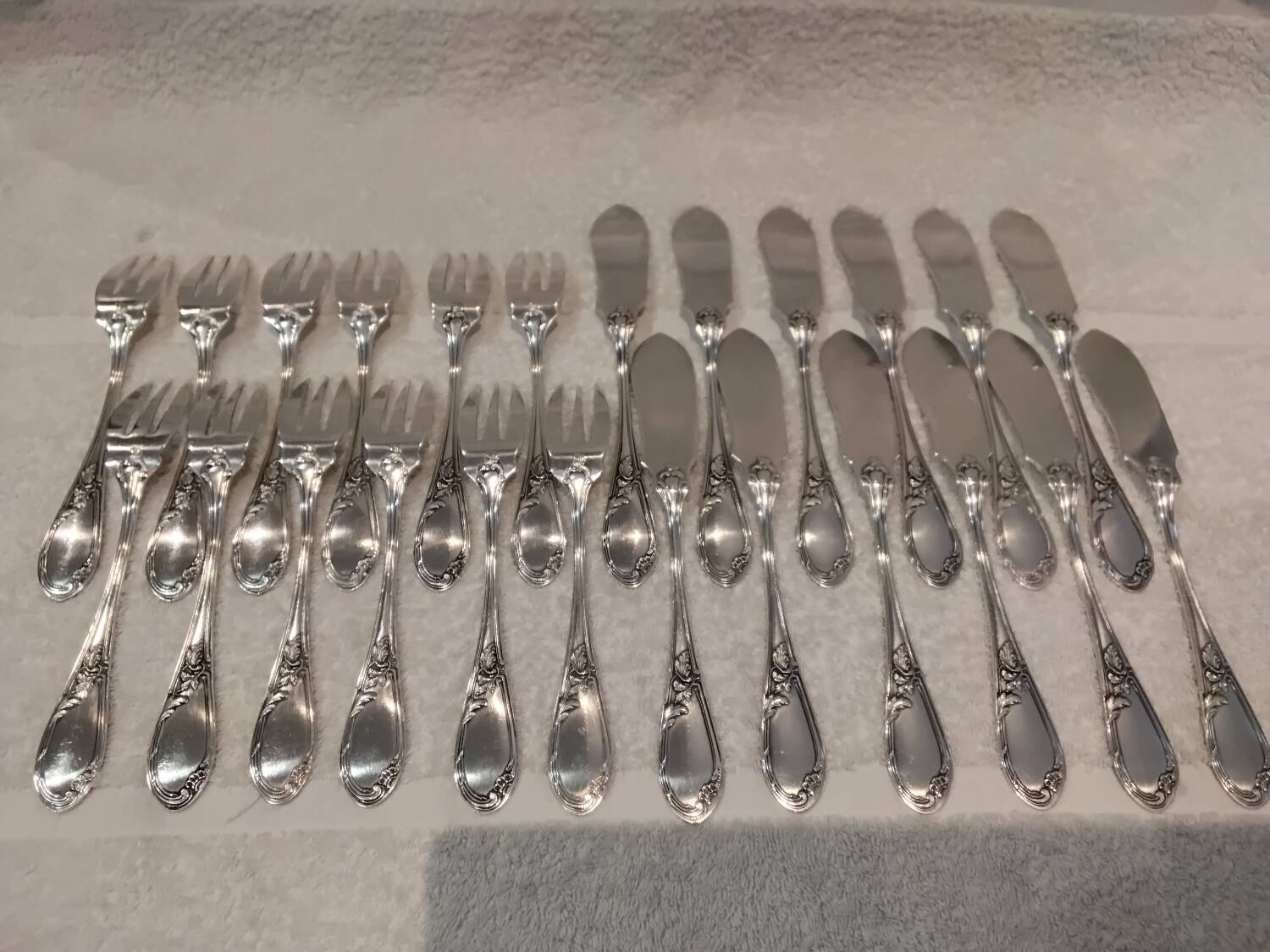 12 fish cutlery sets 24p silver metal decor ribbons rocaille