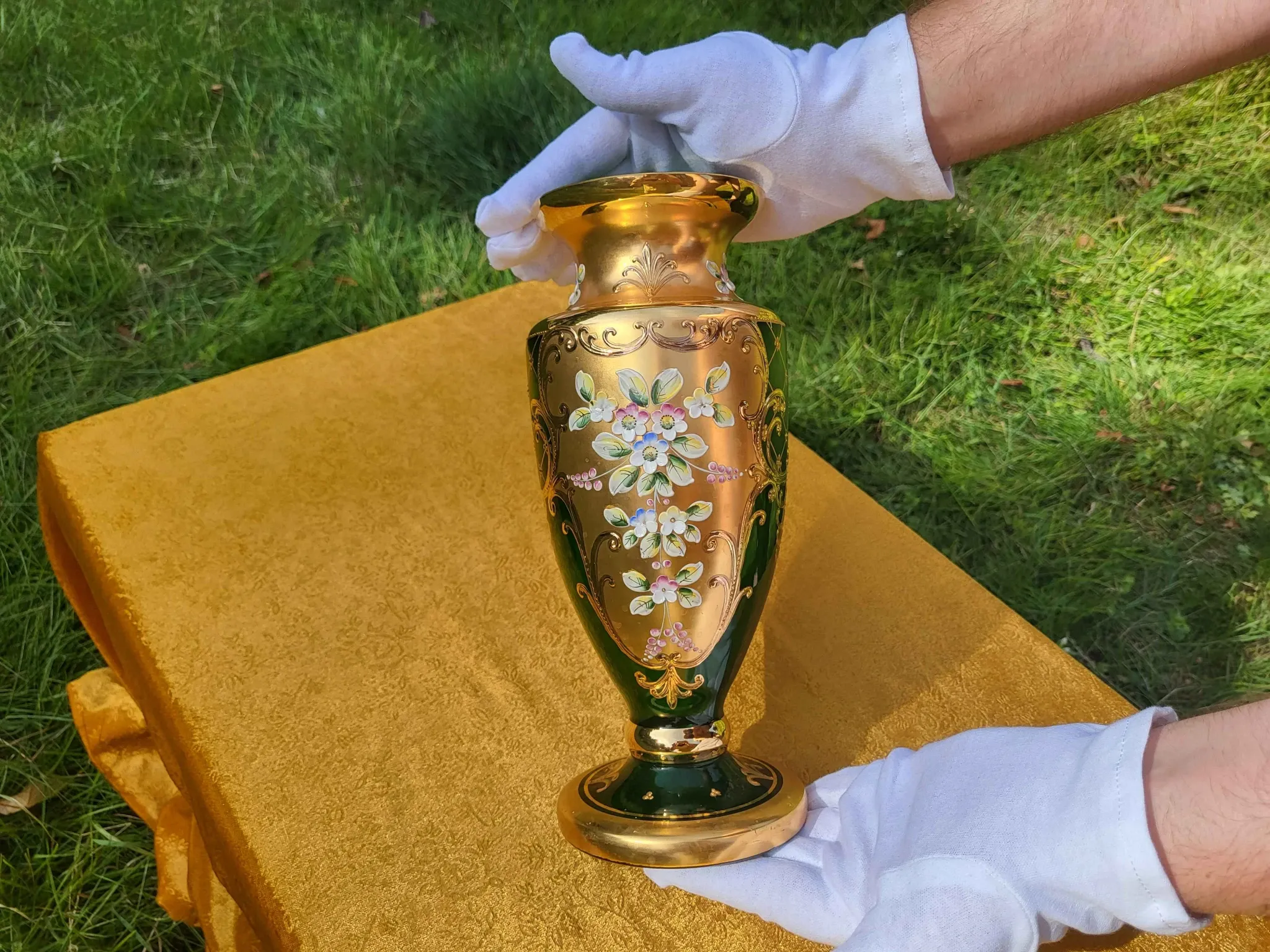 Bohemian Crystal Emerald Green Vase with 24K Gold Encrusted Floral Design