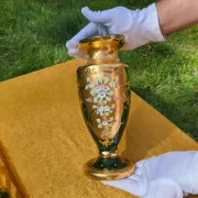 Bohemian Crystal Emerald Green Vase with 24K Gold Encrusted Floral Design