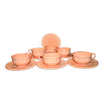 Set of 6 vintage earthenware cups from Lunéville KG FRANCE - Coral orange color