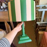 Pair of wooden bedside lamps with striped lampshades