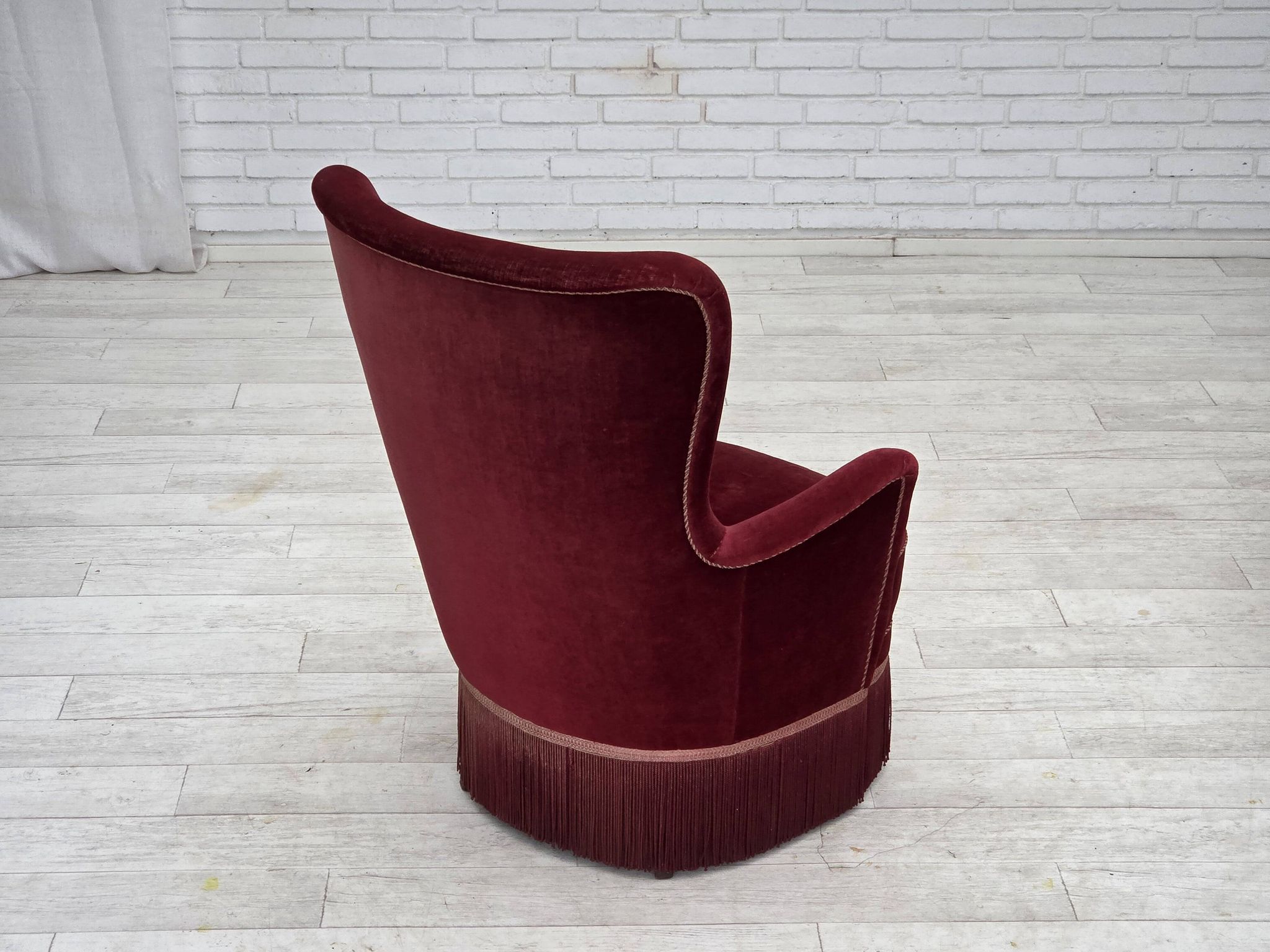 1970s, Danish armchair, cherry-red furniture velour, ash wood legs.