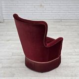 1970s, Danish armchair, cherry-red furniture velour, ash wood legs.