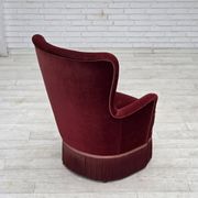 1970s, Danish armchair, cherry-red furniture velour, ash wood legs.
