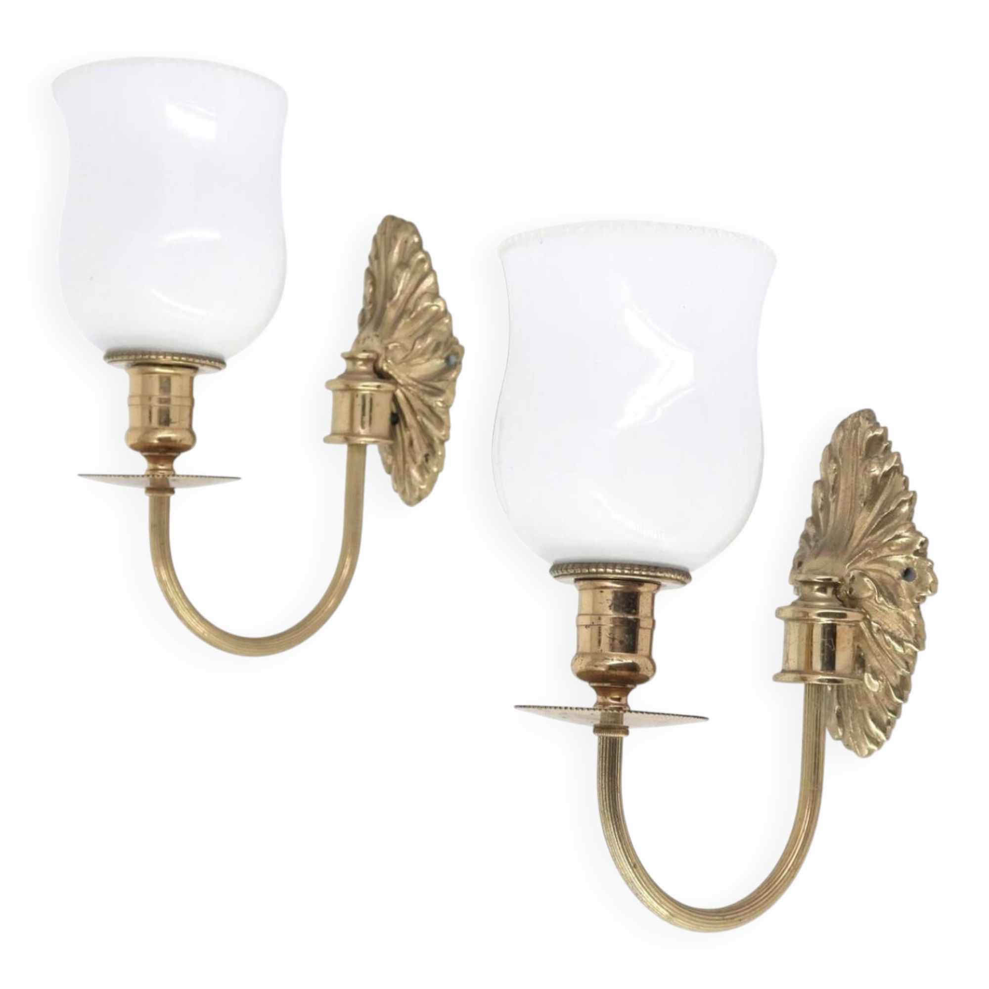 Pair of brass and opaque glass wall lights, 1950s