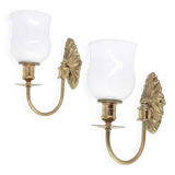 Pair of brass and opaque glass wall lights, 1950s