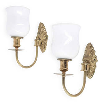 Pair of brass and opaque glass wall lights, 1950s
