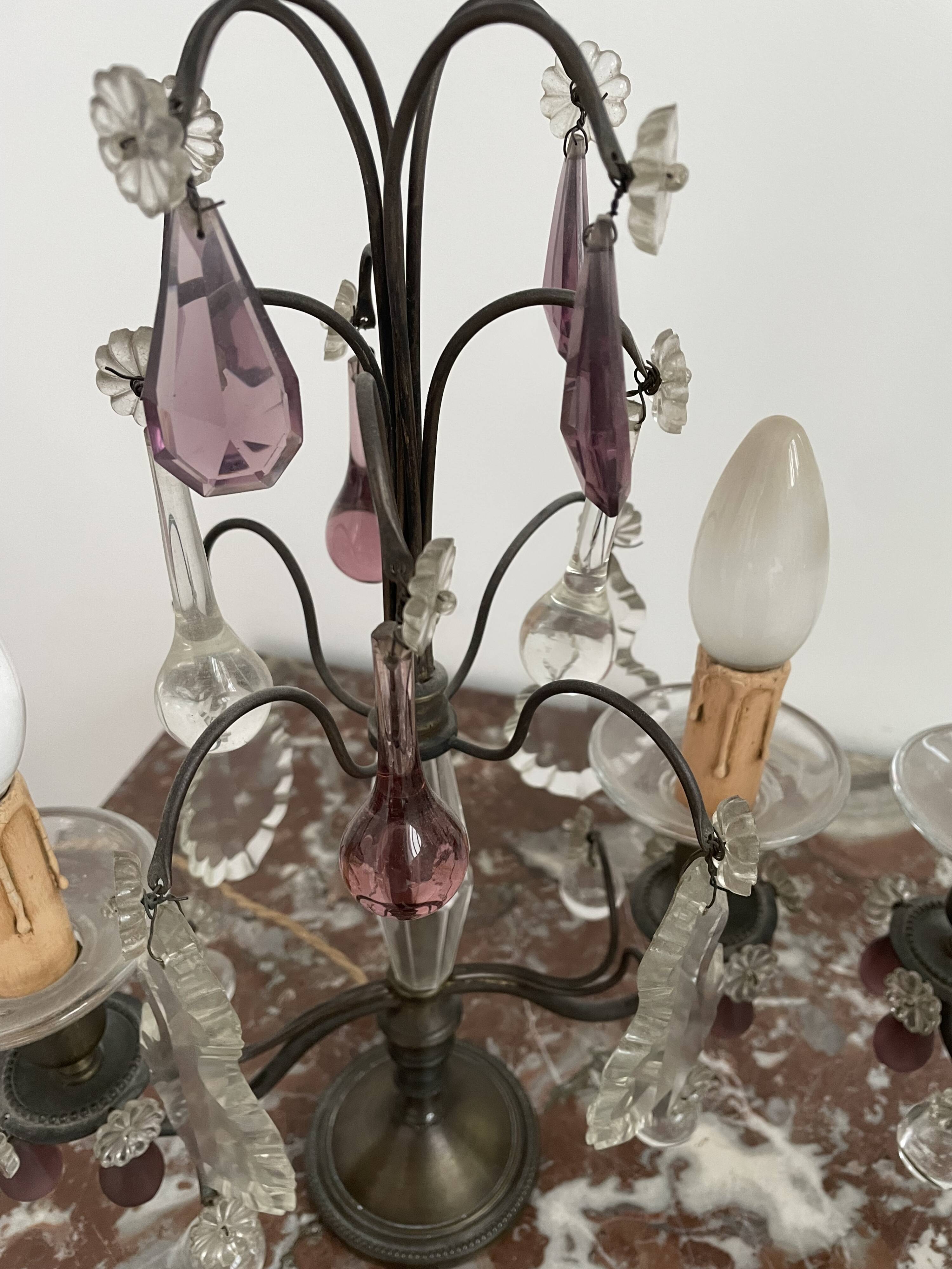 pair of chandeliers, lamp, silver-plated metal, crystal, tassels, florets, pendant, rosettes