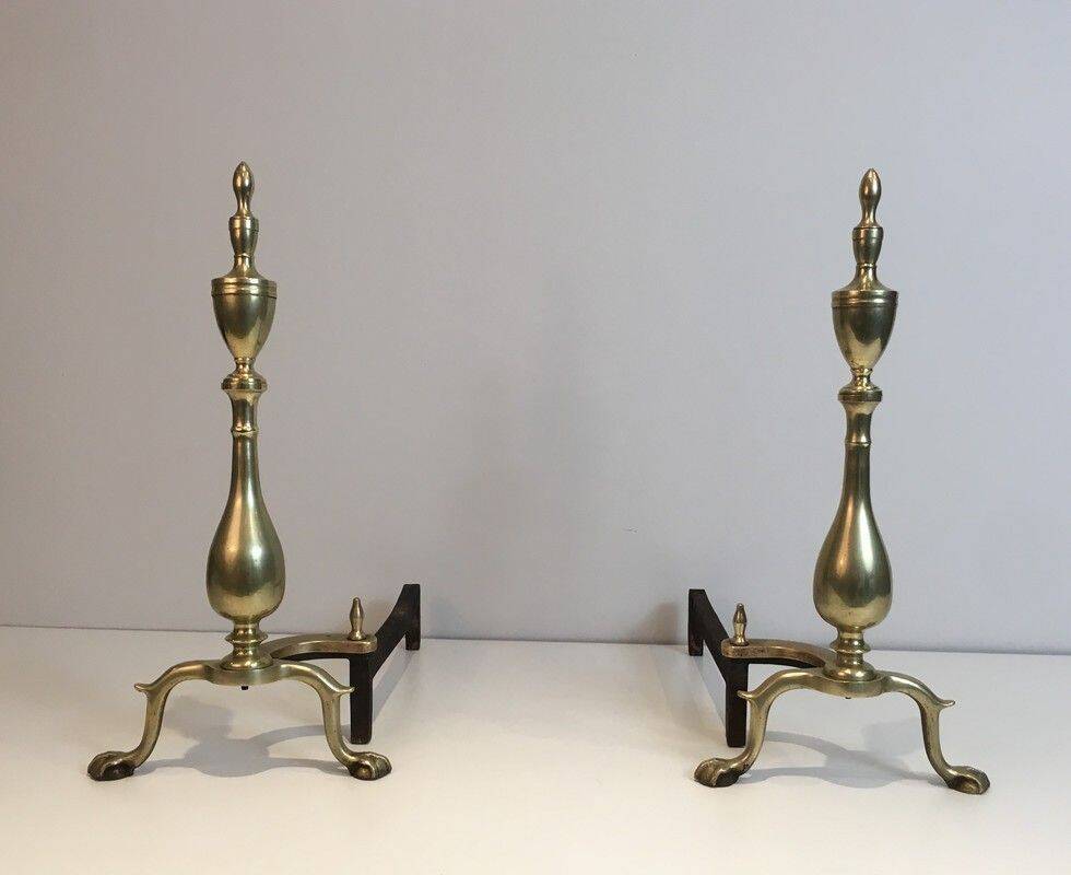 Pair of neo-Gothic bronze and wrought iron andirons