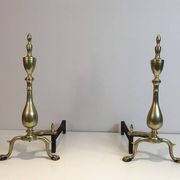 Pair of neo-Gothic bronze and wrought iron andirons