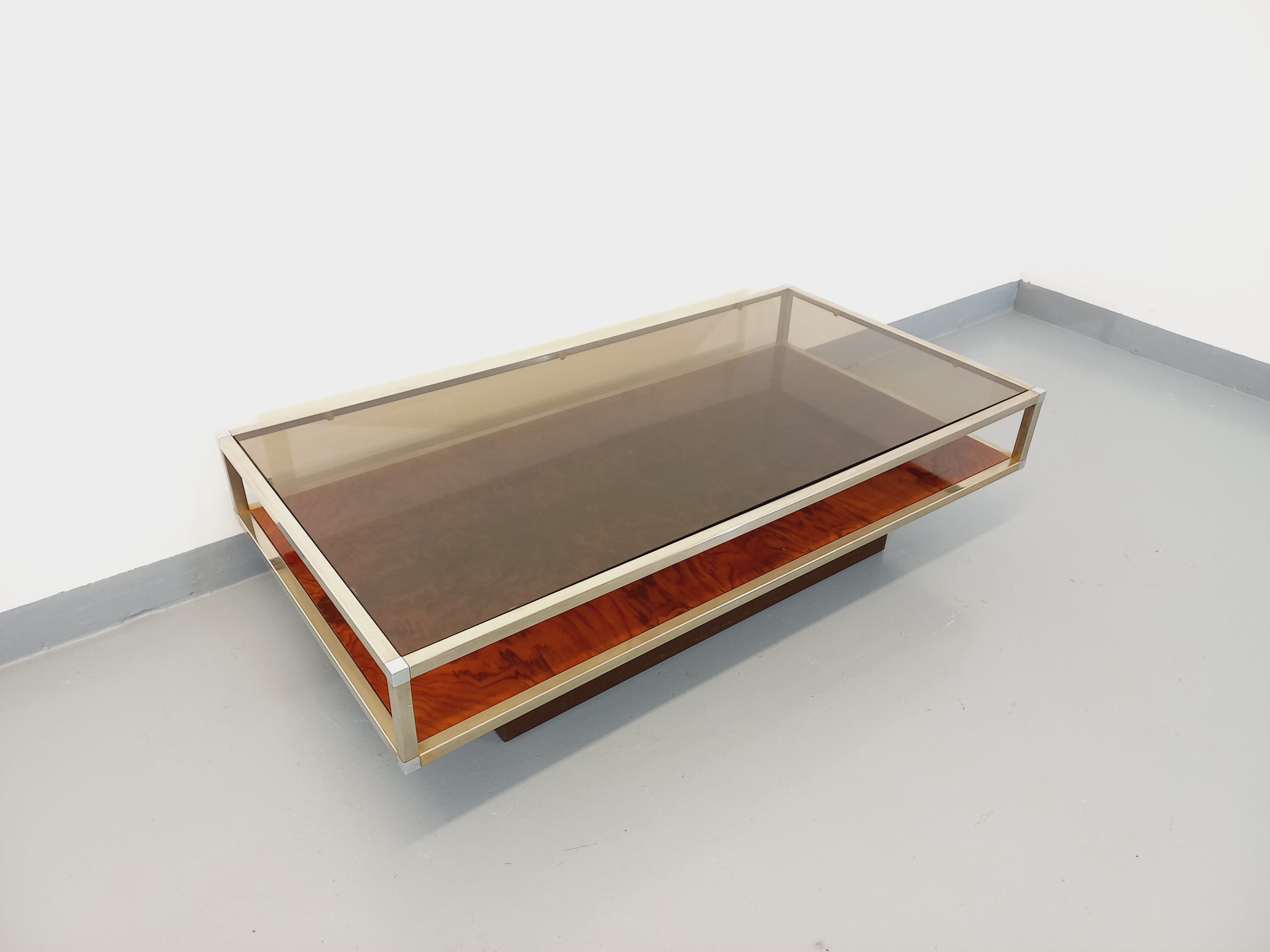 Vintage coffee table in smoked glass, chromed metal and magnifying glass from the 70s