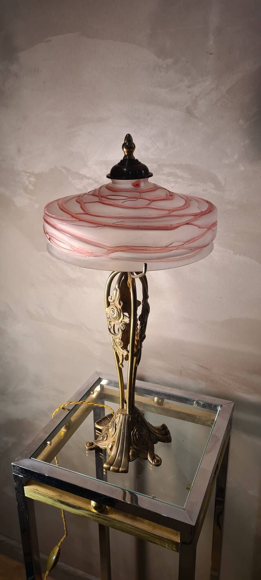 Austrian Art Nouveau bronze lamp with Loetz style art glass shade