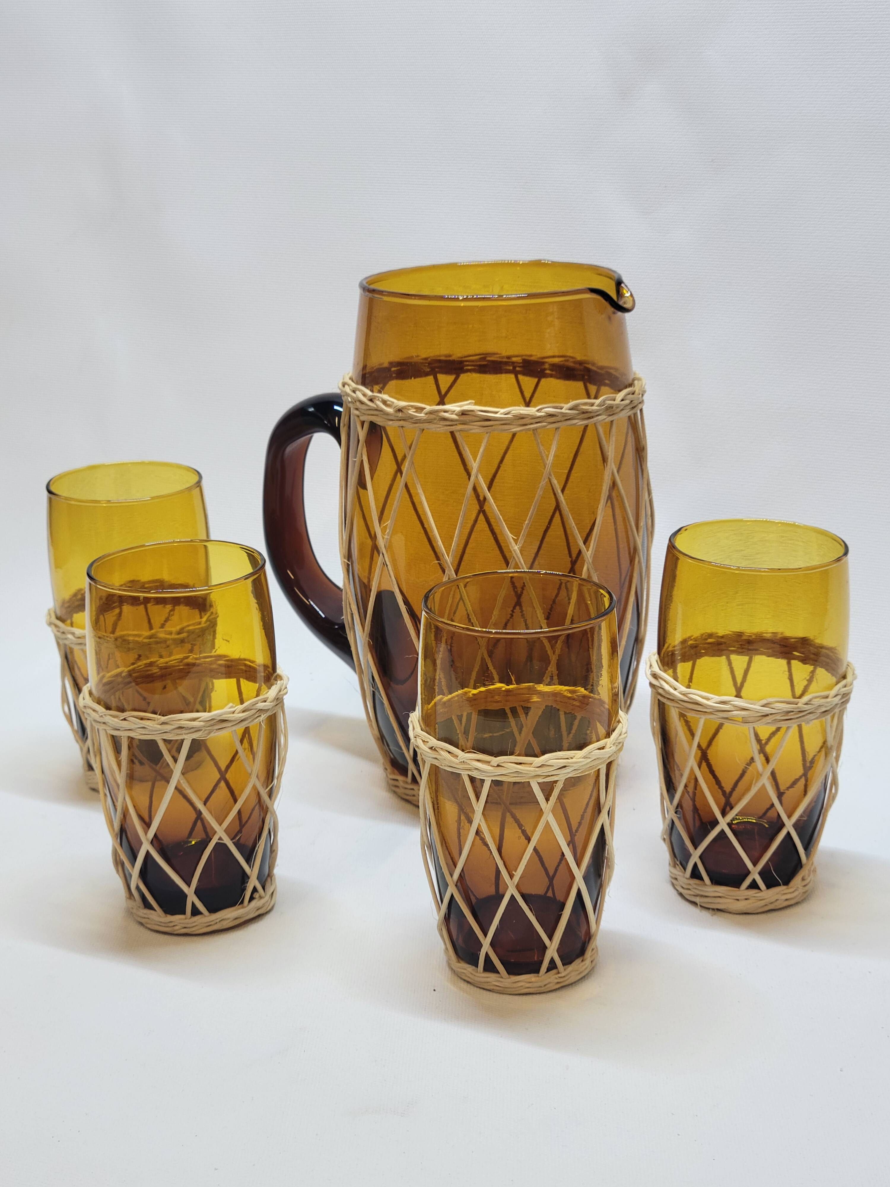 Vintage orangeade service in amber blown glass and wicker