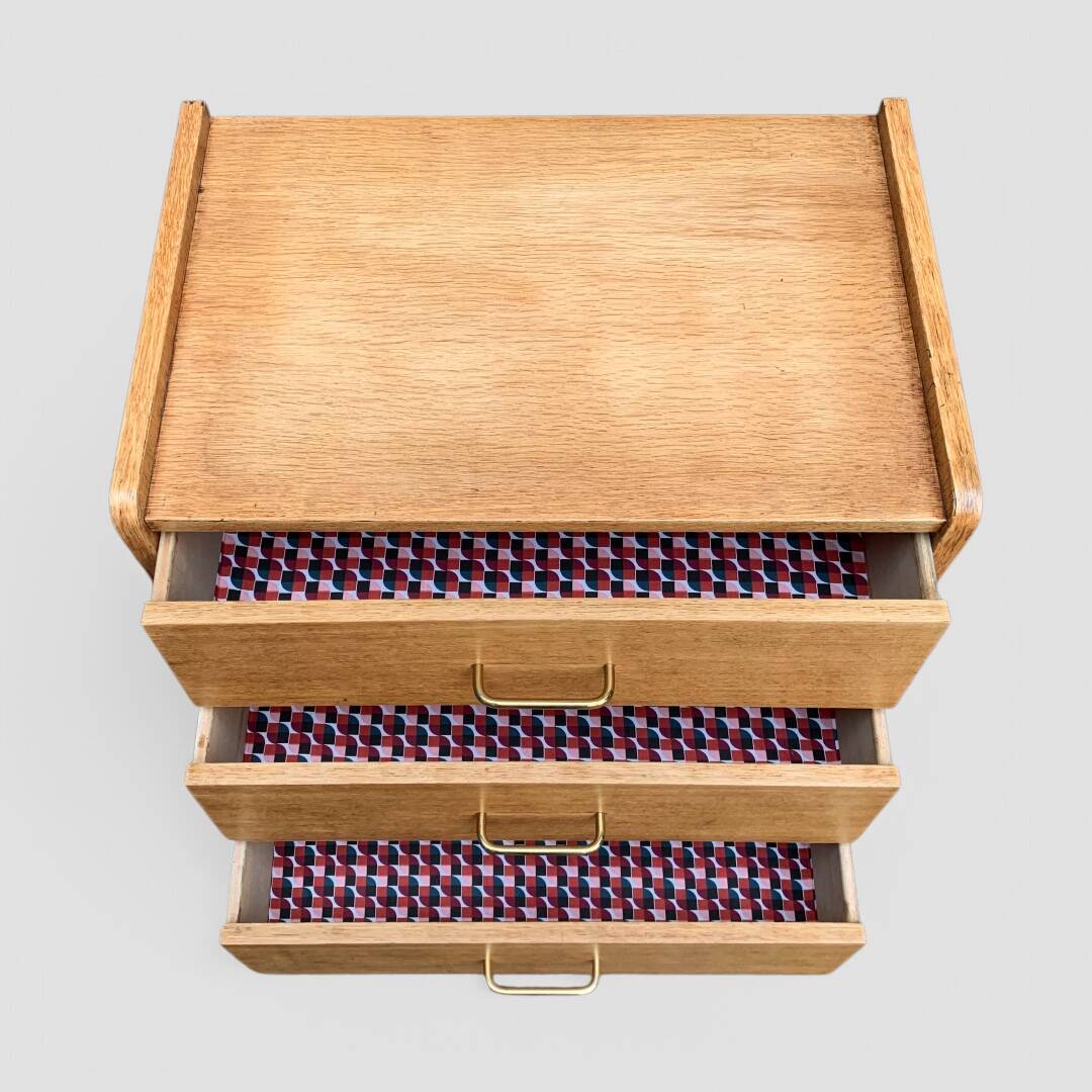 Vintage chest of drawers with compass feet, raw oak, 1960