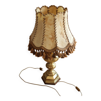 Mid Century table lamp on a heavy opulent brass foot - leather lampshade