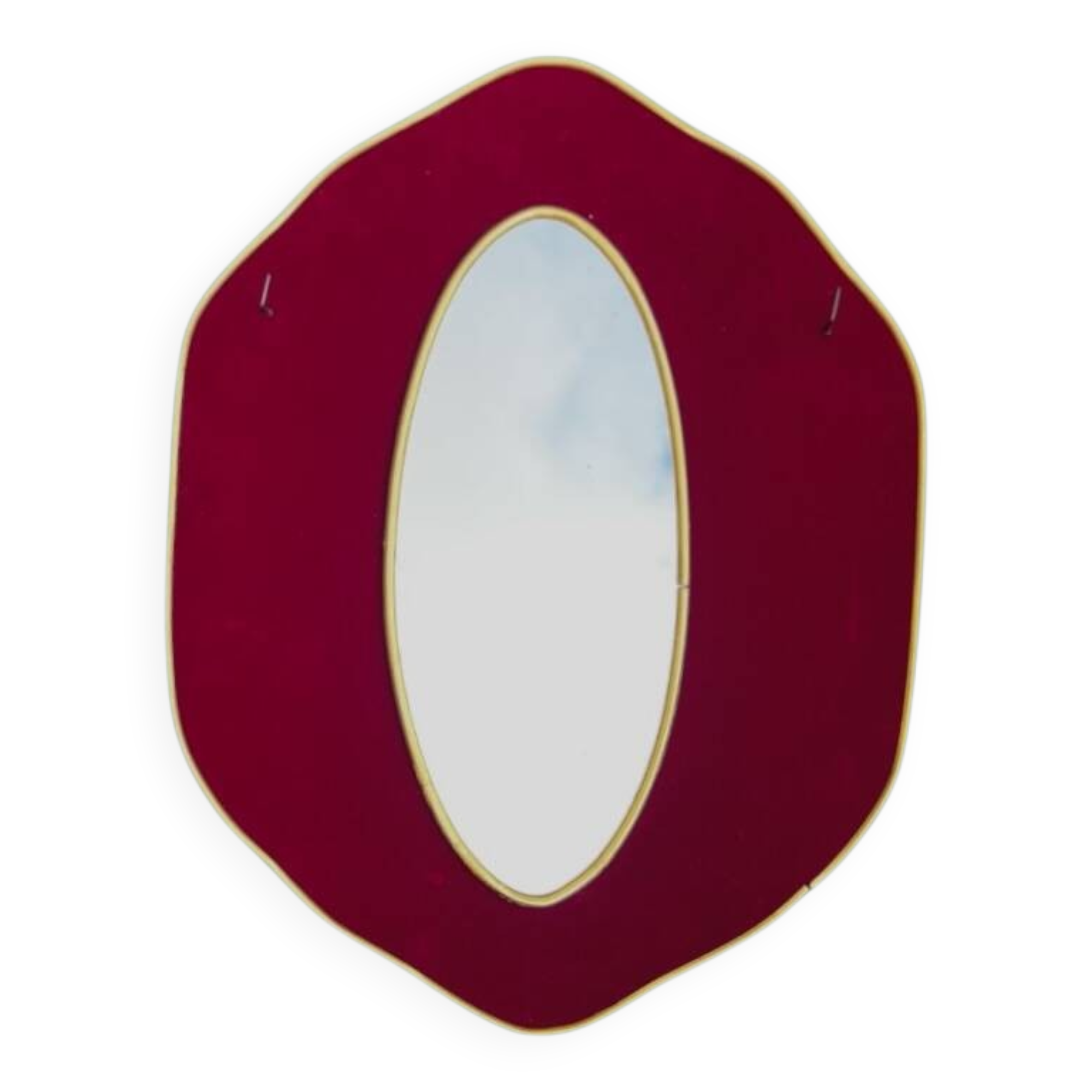 Oval wall mirror in burgundy velvet and brass – 1950s–1960s