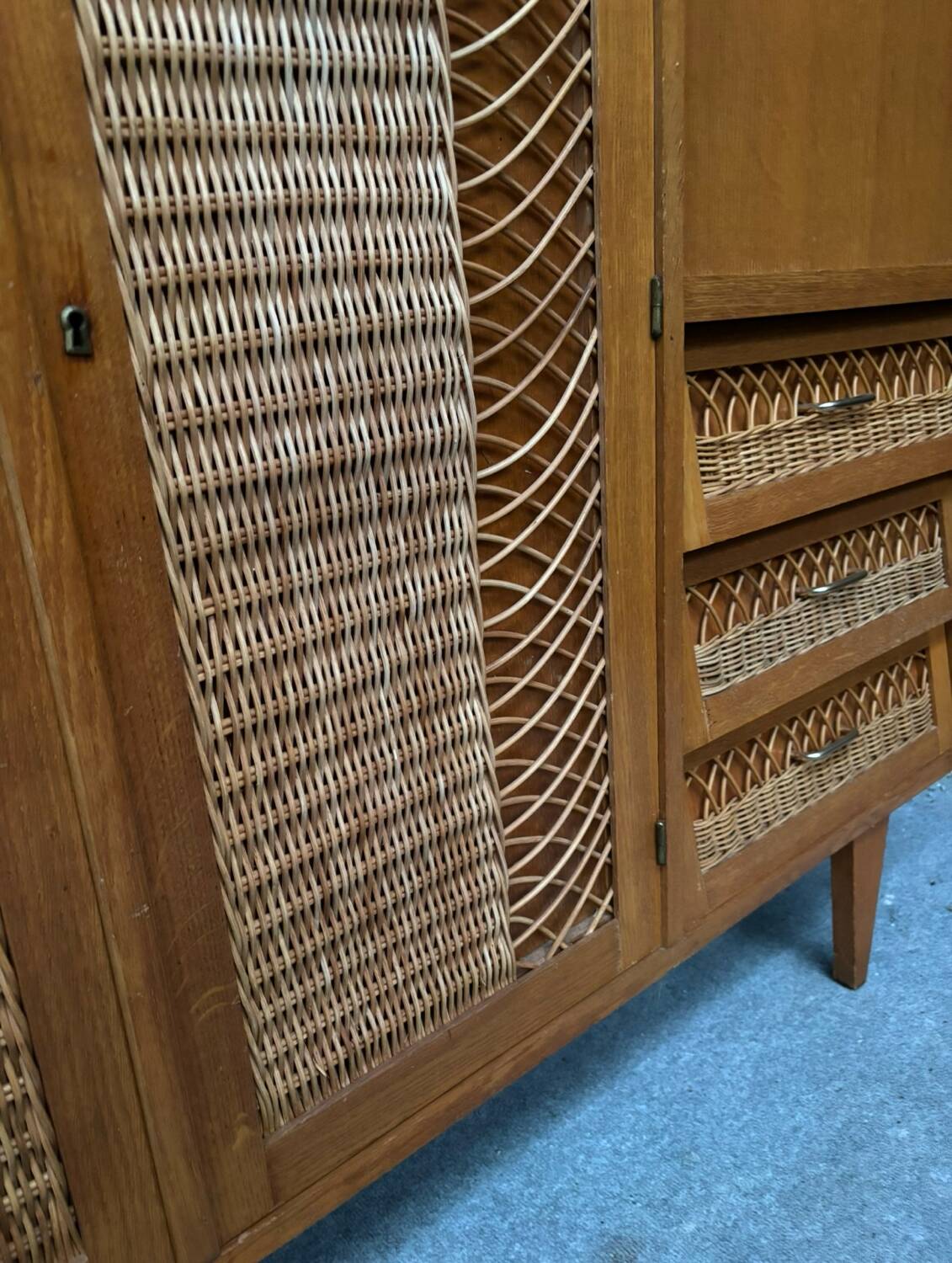 Vintage retro 1960s rattan and wood cabinet with desk section
