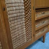 Vintage retro 1960s rattan and wood cabinet with desk section