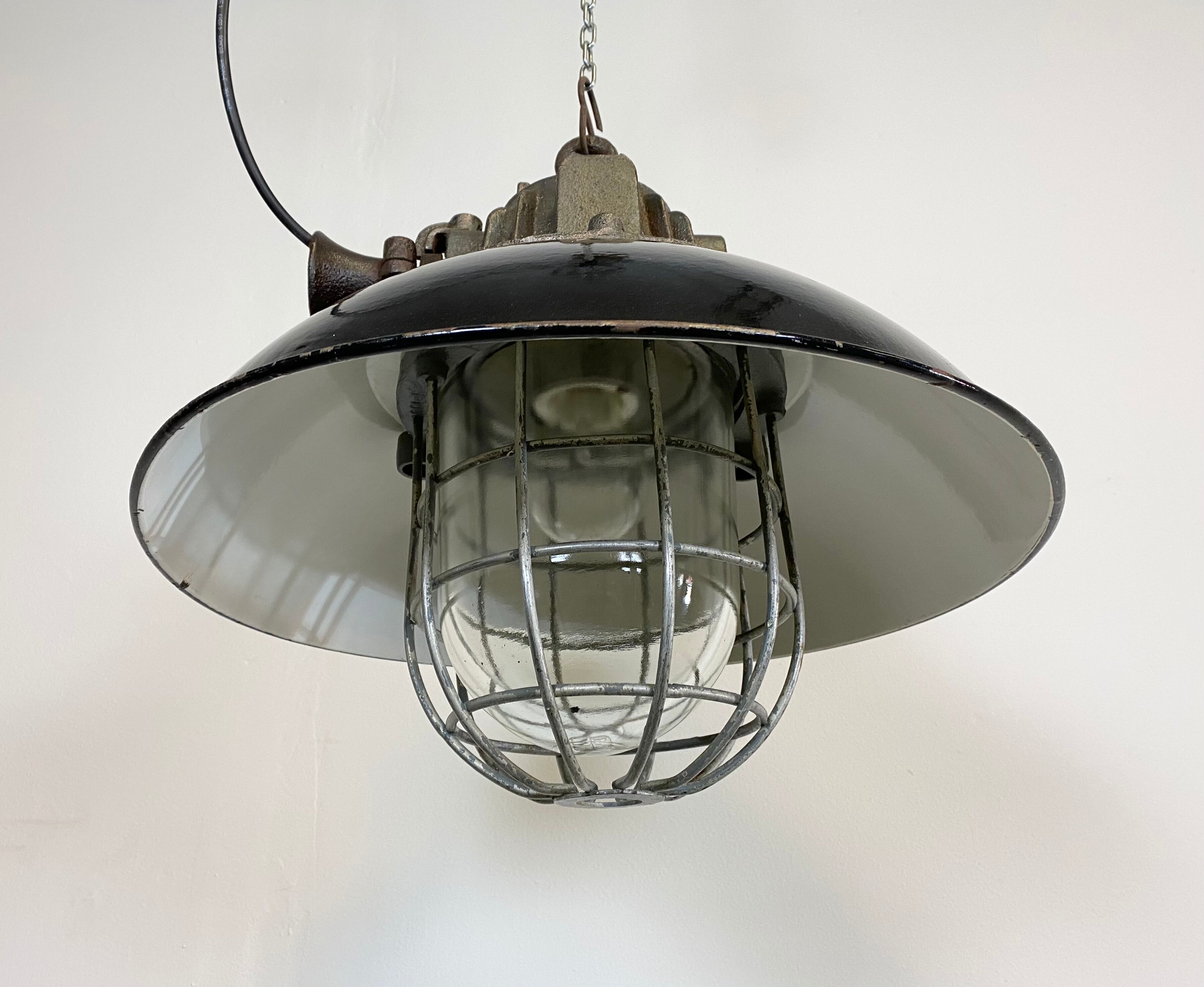 Black Enamel and Cast Iron Industrial Cage Pendant Light, 1950s