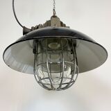 Black Enamel and Cast Iron Industrial Cage Pendant Light, 1950s