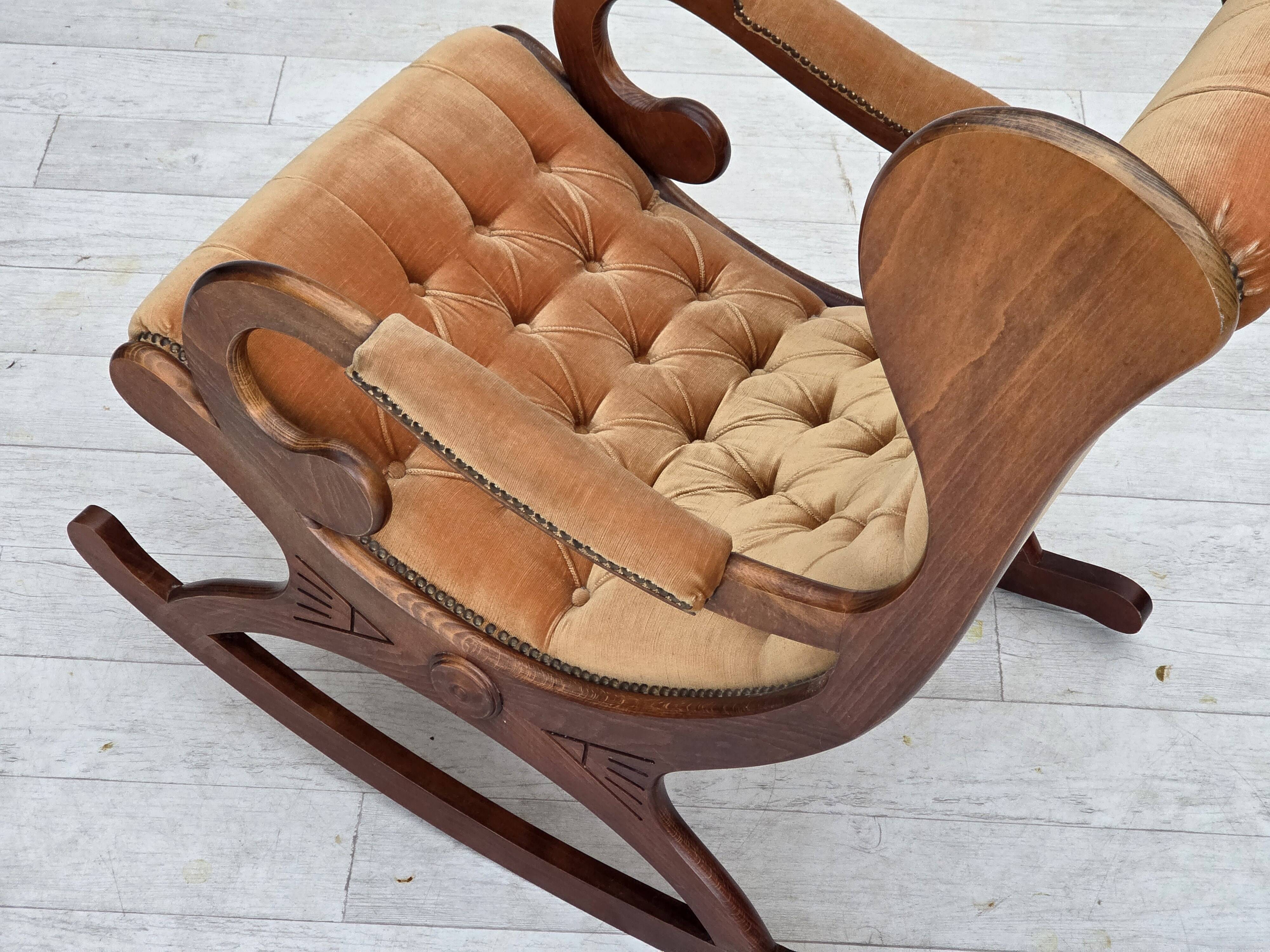 1960s, Scandinavian rocking chair, furniture velour, dark beech wood.