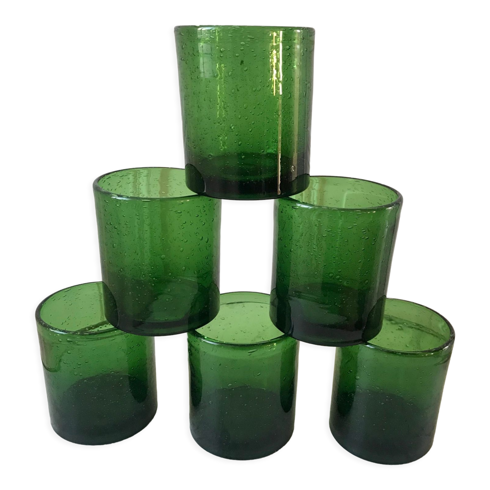 Set of 6 green water glasses bubbled glass  70s