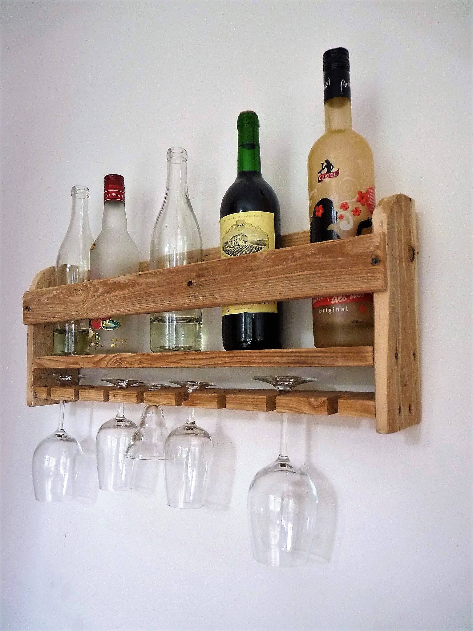 bottle shelf, recycled wooden glasses