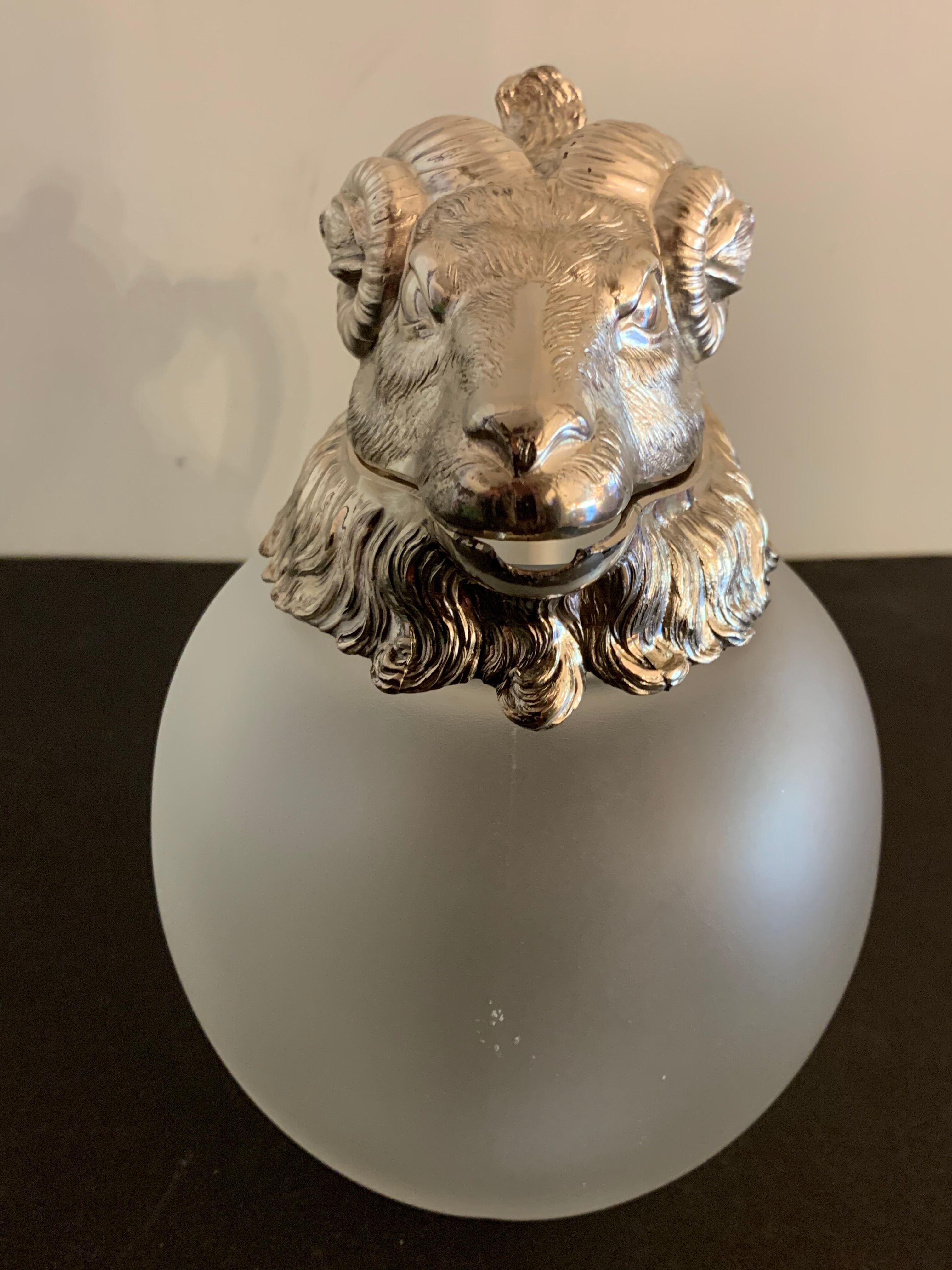 Decanting carafe or frosted glass water broc with silver metal ram head 1970