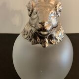 Decanting carafe or frosted glass water broc with silver metal ram head 1970