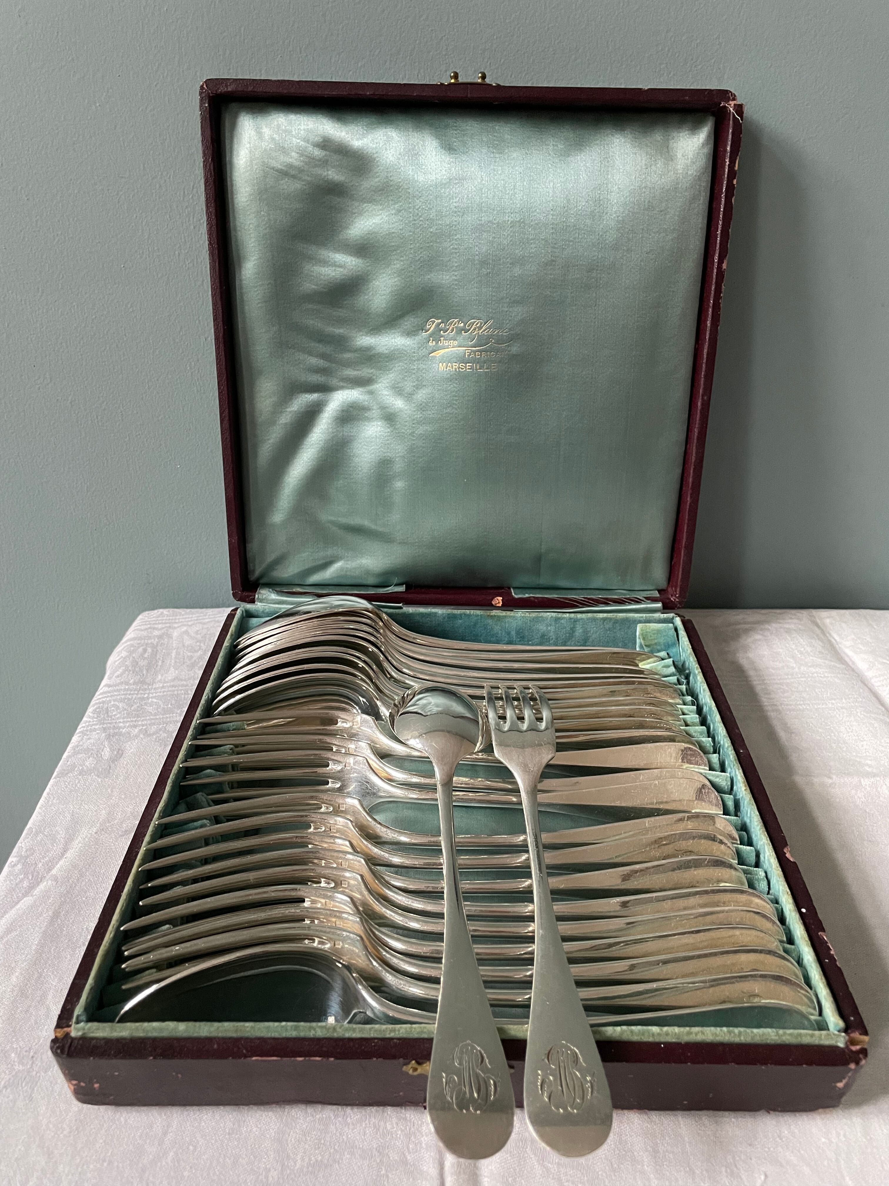 Set of 24 old cutlery: Alfenide housewife, monogrammed Fidelio model