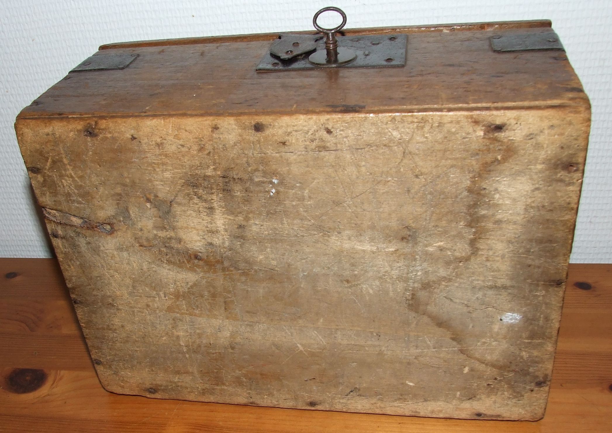 Old box with inscription, fittings, lock and key