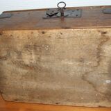 Old box with inscription, fittings, lock and key
