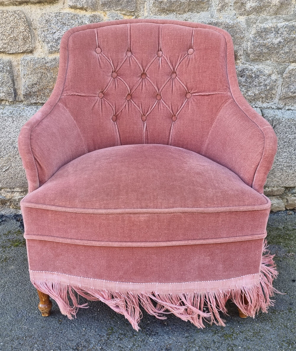 Old pink toad armchair, vintage, 40s / 50s