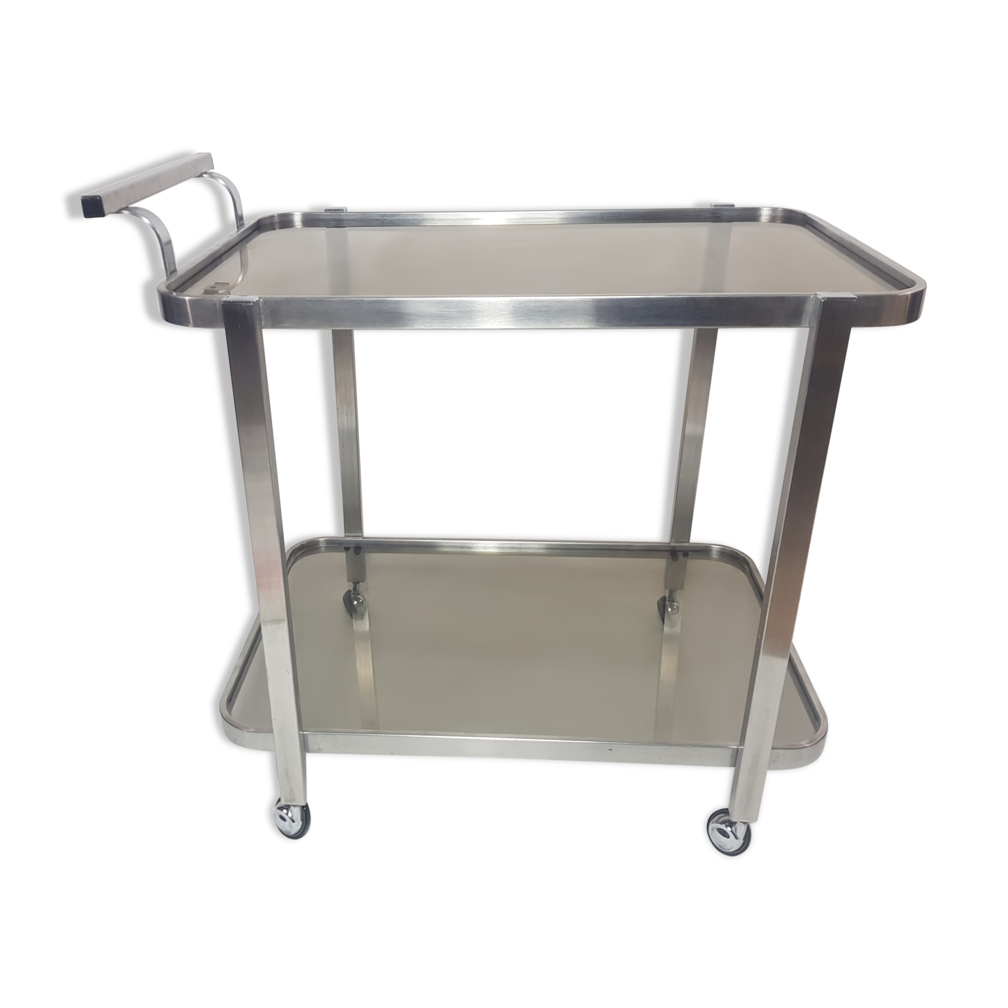 Chariot de service acier brossé et verre fumé années 70
