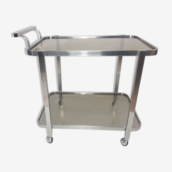 Service trolley brushed steel and 70s smoked glass