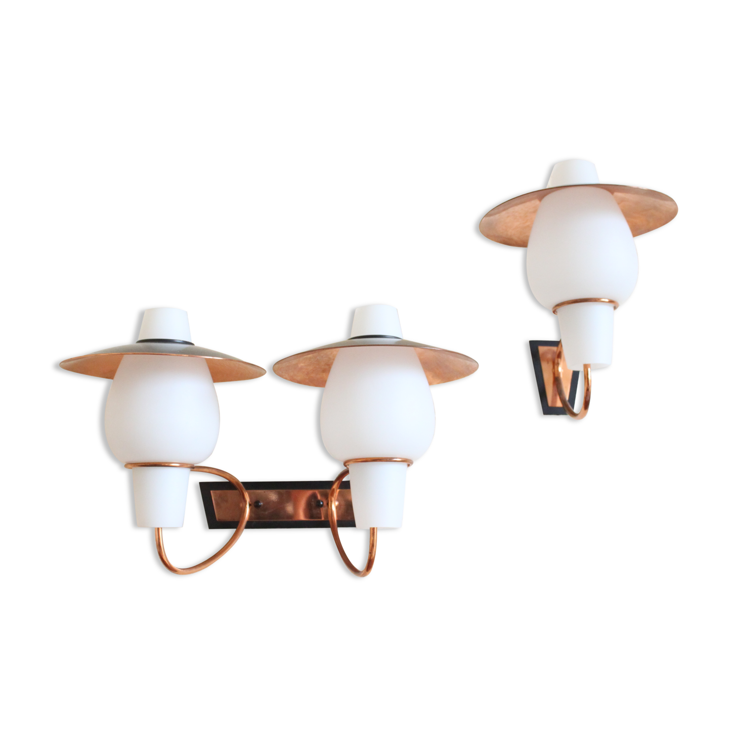 2 wall lamps from the 60s, modernist, copper and opaline