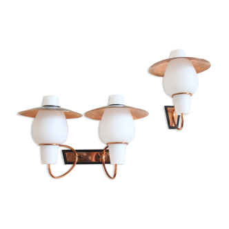 2 wall lamps from the 60s, modernist, copper and opaline