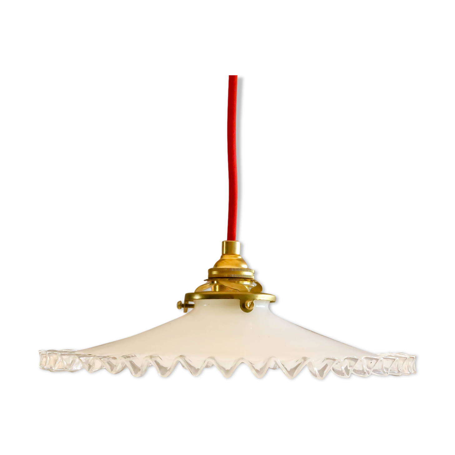 Toothed white opaline pendant lamp with new brass cable and socket