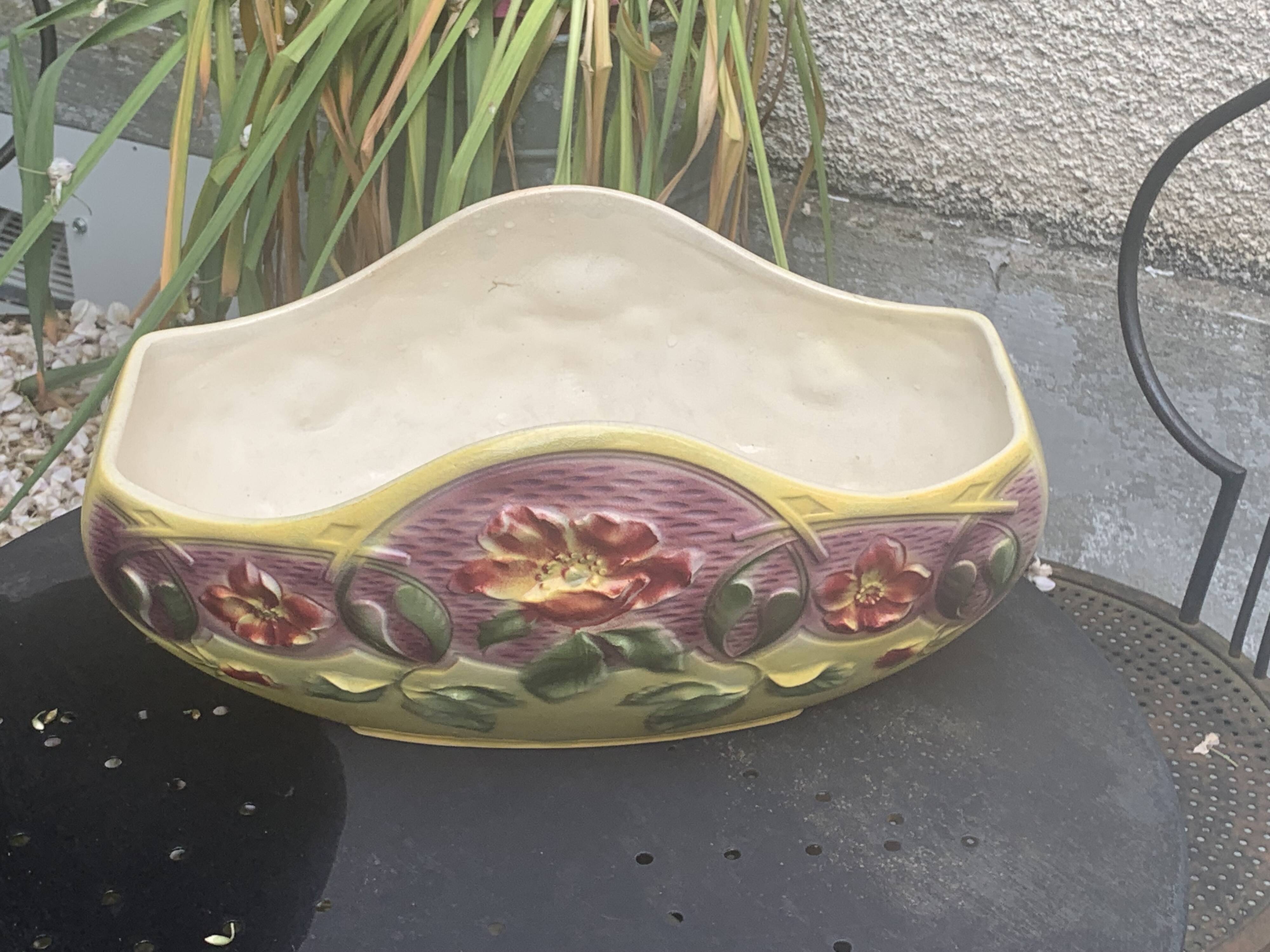 Yellow glazed ceramic slip planter, hawthorn pink flower pattern, art deco