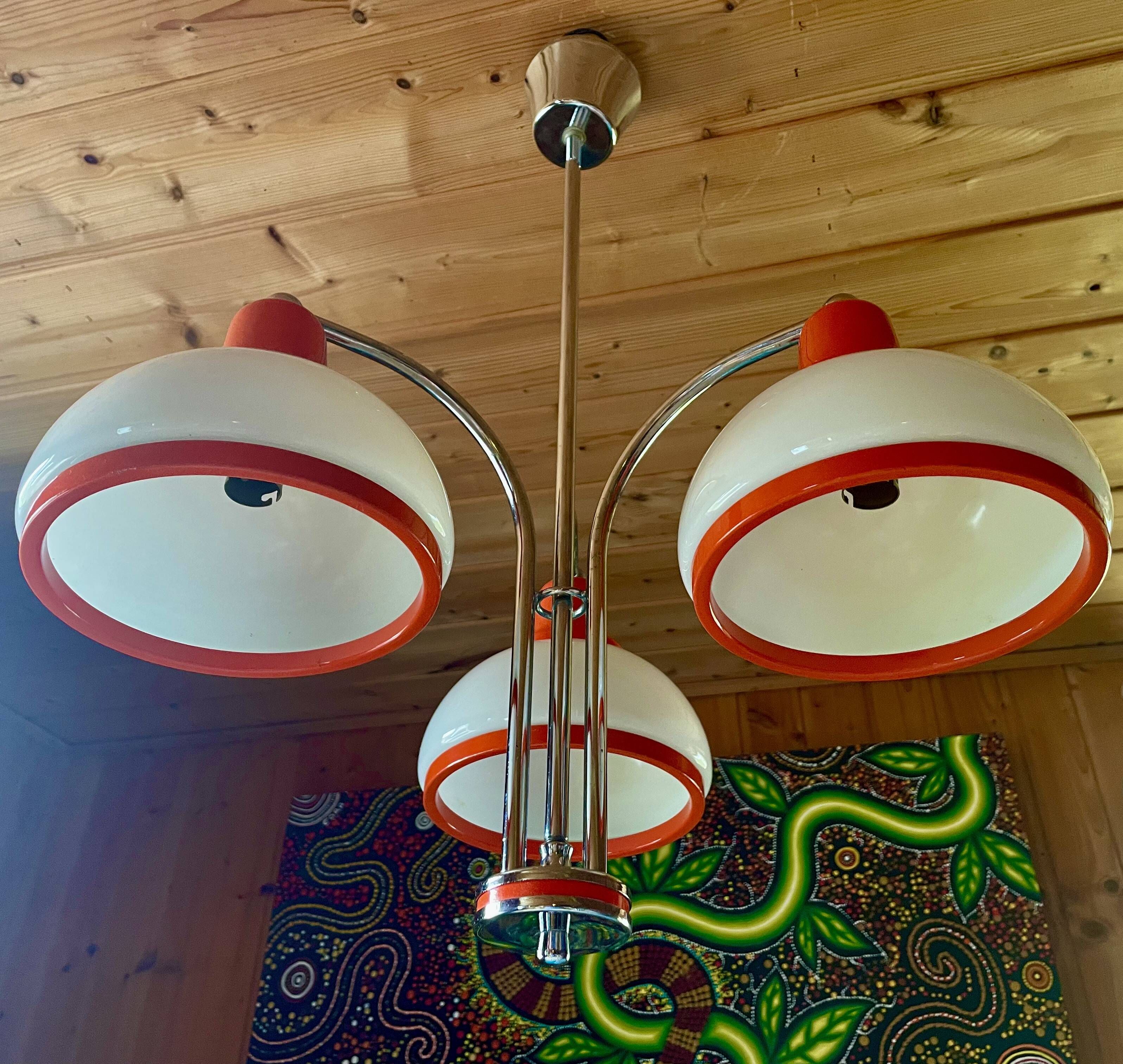 Chandelier, Pendant light, Ceiling light, 3 white and orange lampshades, 70s