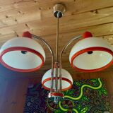 Lustre, Suspension, Plafonnier, 3 abat-jours blanc et orange, année 70