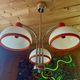 Chandelier, Pendant light, Ceiling light, 3 white and orange lampshades, 70s