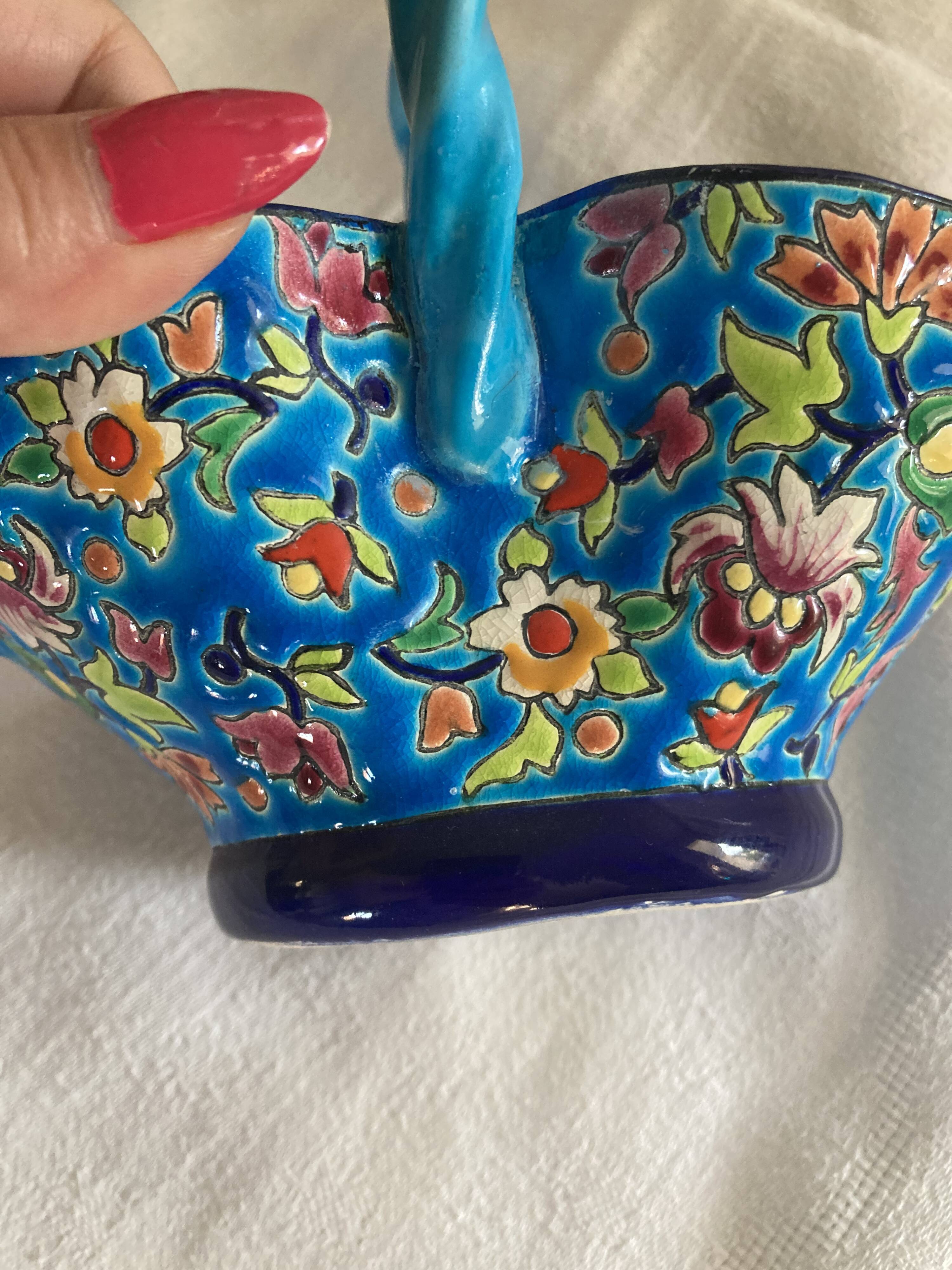 Large Basket Emaux de Longwy F3 B5000 - Twisted Turquoise Handle -