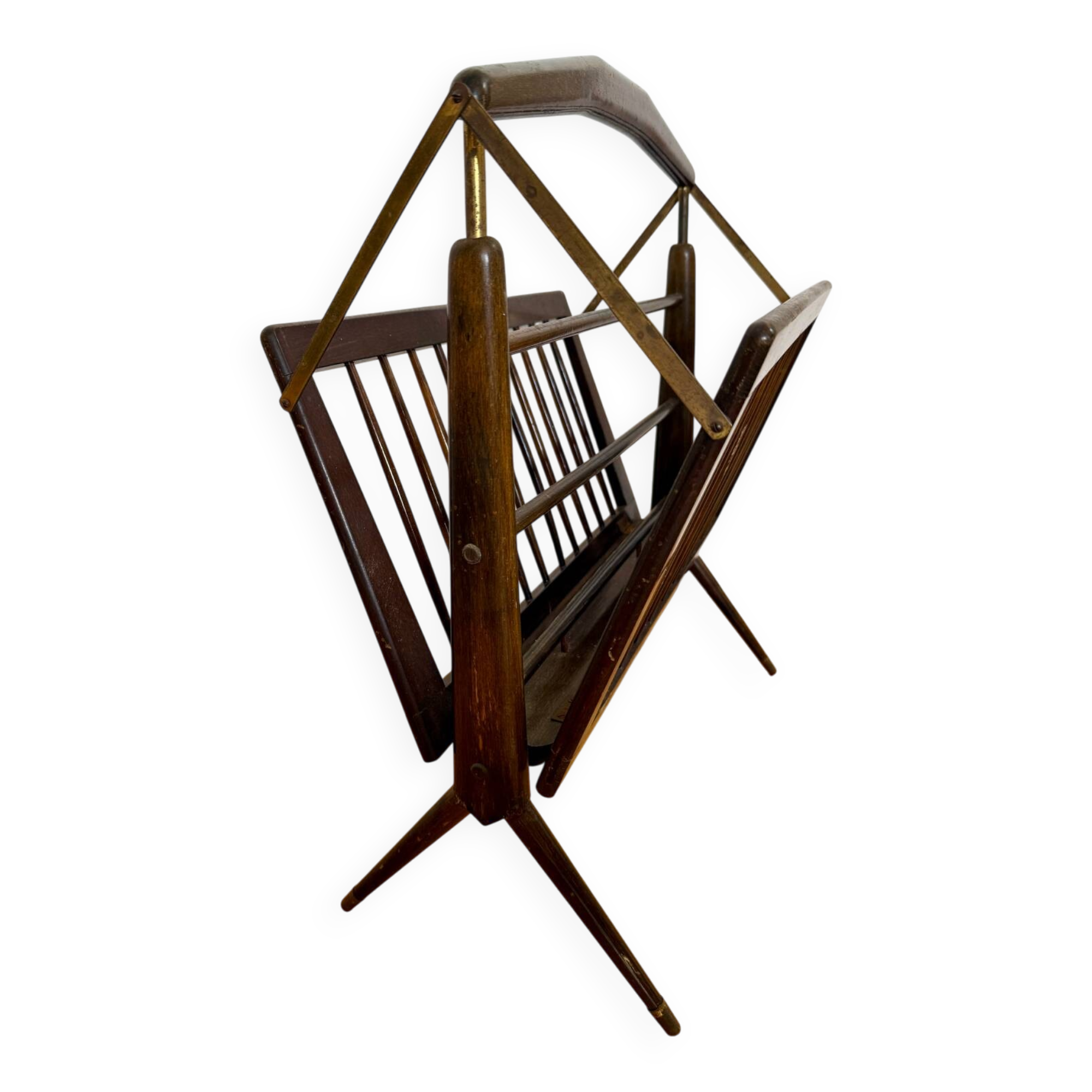 Folding wood and brass magazine rack by Cesare Lacca – Italy, 1950s